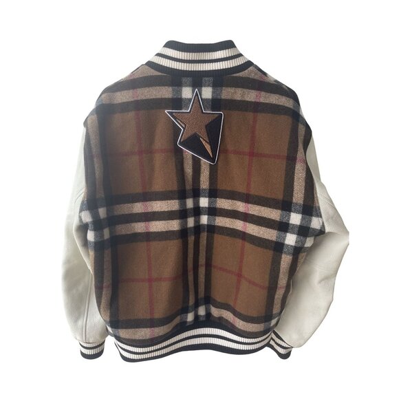Burberry Wool & Leather Varsity Jacket With Plaid Design & Logo Patch - Picture 2 of 15